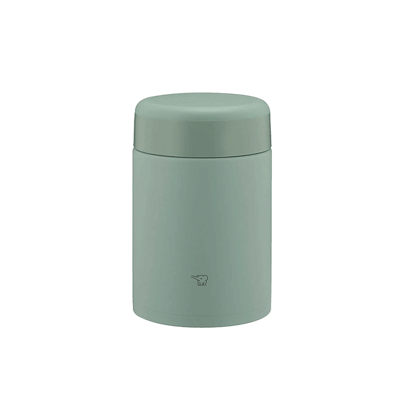 A studio photo of the Zojirushi SW-KA52 vacuum insulated food jar in matte green, shown from the front highlighting its seamless one-piece lid.