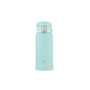 A studio photo of the Zojirushi SM-SF36 TUFF vacuum insulated flask in mint blue, shown from the front highlighting its one-touch release lid and locking switch.