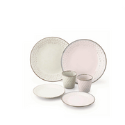 The Aito Mino Yaki Floral Pattern 6-piece dinnerware set, including two large plates, two small plates, and two cups in pink and beige/green with floral patterns.