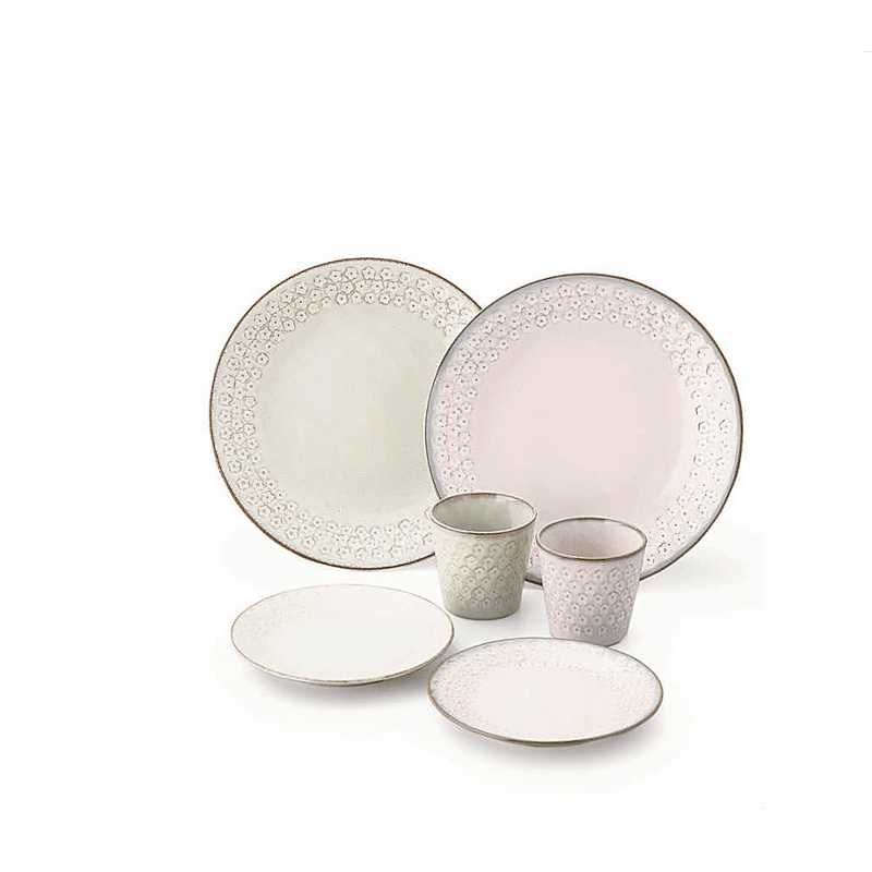 The Aito Mino Yaki Floral Pattern 6-piece dinnerware set, including two large plates, two small plates, and two cups in pink and beige/green with floral patterns.