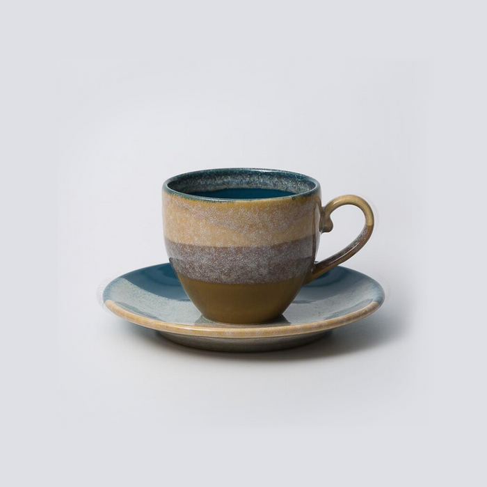 Aito Mino Yaki Glaze Coffee Cup & Saucer Set of 2.  Blue.