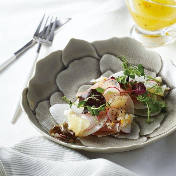 Aito Seto Yaki Dahlia & Blossom Glazed Dinnerware Set. With food.