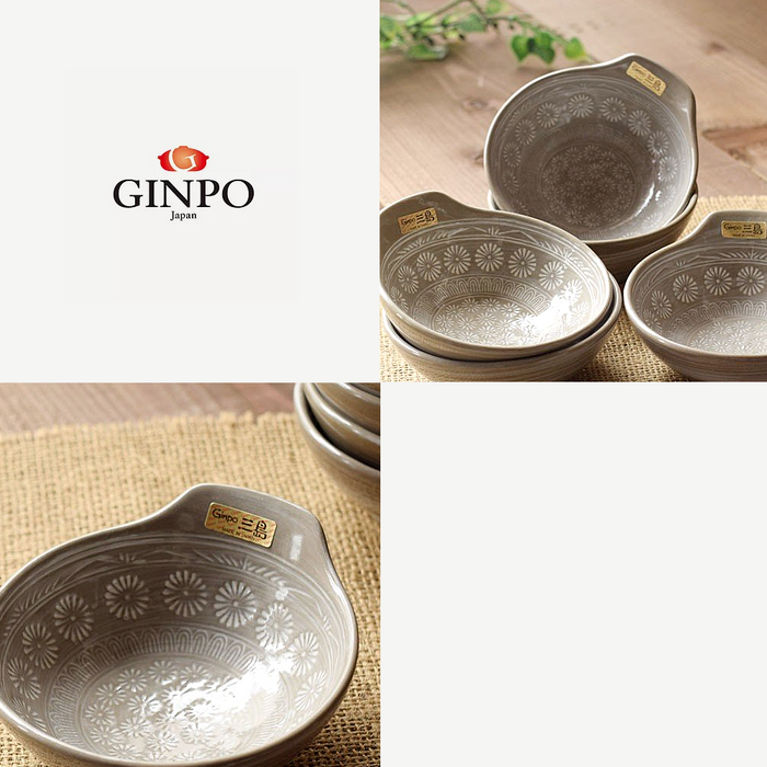 Ginpo Hana Mishima Donabe 5-Piece Bowl Set: on dining table
