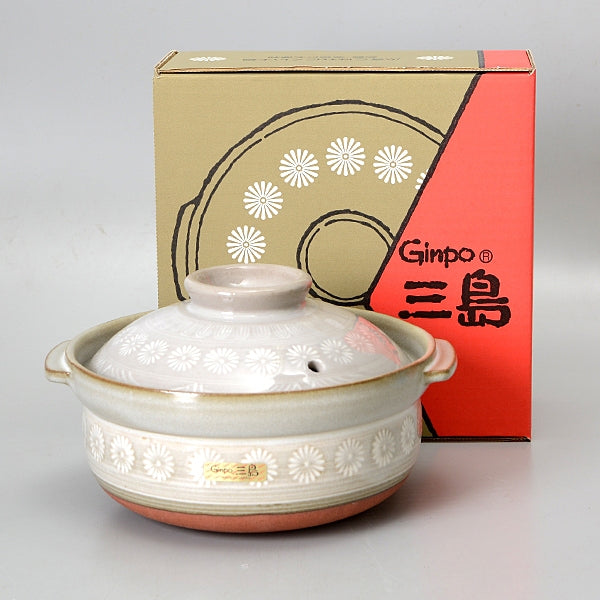 Ginpo Hana Mishima Donabe Deep Japanese Clay Pot 18cm (Size 6) - Made in Japan. With box.
