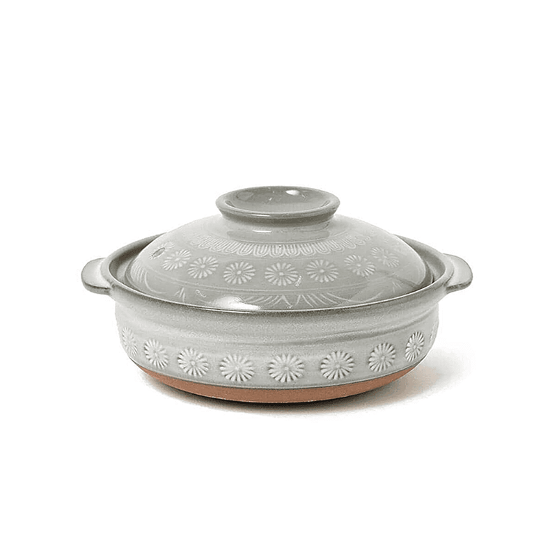 A product image of the large Size 9 Ginpo Hana Mishima donabe, showing its light grey glaze and traditional floral pattern on a white background.

