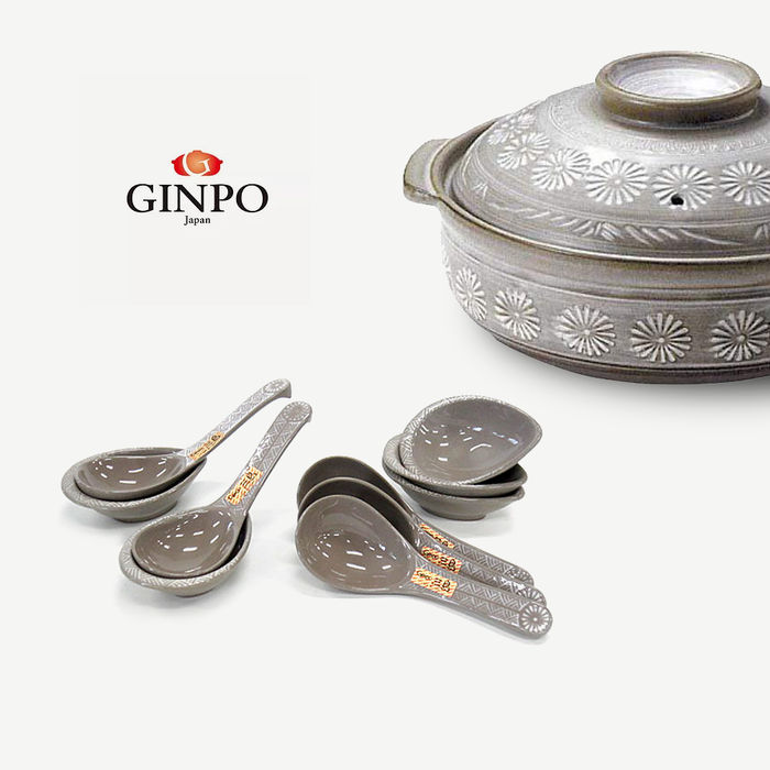 Ginpo Hana Mishima Donabe Spoon and Spoon Rest Set: With donabe clay pot
