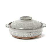 Ginpo Hana Mishima Donabe Japanese Clay Pot 30cm with floral design and light grey finish, made in Japan.
