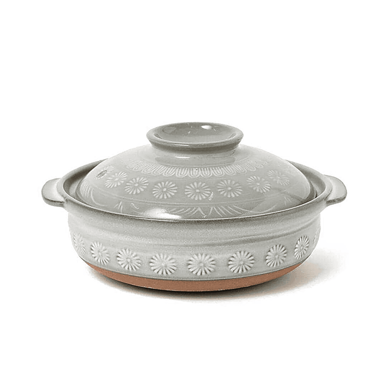 Ginpo Hana Mishima Donabe Japanese Clay Pot 30cm with floral design and light grey finish, made in Japan.