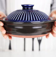 Ginpo Kikka Donabe Japanese Clay Pot 25cm (Size 8) Blue - Made in Japan. Held by hands.
