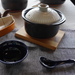 Ginpo Kikka Donabe Rice Pot with Double Lids 5.5 Cups - Grey White - Made in Japan. Bowl and spoon.