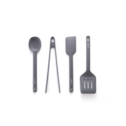 The 4-piece Happycall VIVA silicone utensil set in dark grey, showing the cooking spoon, tongs, spatula, and slotted turner, arranged side-by-side on a white background.
