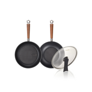 The 3-piece Happycall Crocodile Graphene nonstick induction set, including a 28cm frypan, 28cm wok, and a self-standing glass lid, all with wood-style handles.
