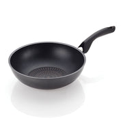The black 30cm Happycall Plasma Titanium Nonstick Induction Wok, showing its deep, sloped sides and patterned interior, angled on a white background.
