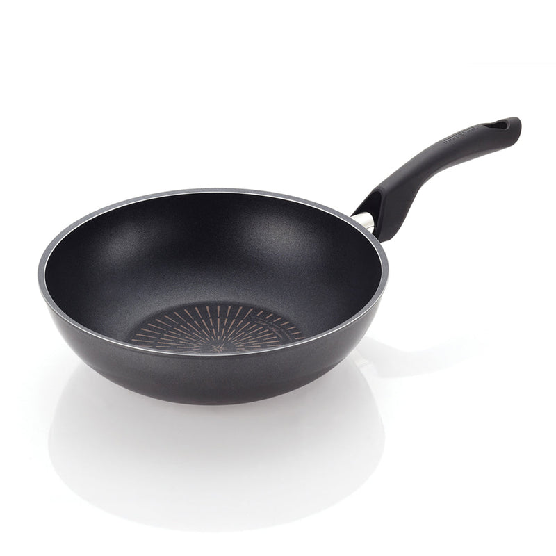 The black 30cm Happycall Plasma Titanium Nonstick Induction Wok, showing its deep, sloped sides and patterned interior, angled on a white background.
