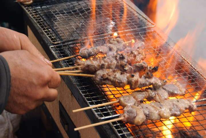Hand grilling skewered meat on Okunoto Konro Grill.
