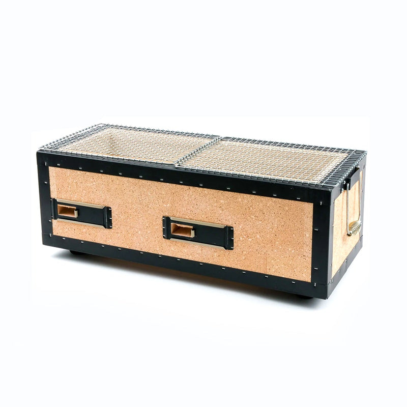 A product image of the Kinka Okunoto Konro Grill (54cm), showing its long diatomite block construction, dual ventilation doors, and two wire grill meshes.

