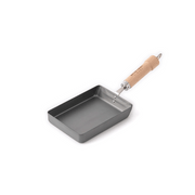 A product image of the River Light Kiwame 13x18cm Tamagoyaki Pan, showcasing its rectangular shape and branded natural wood handle.

