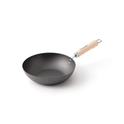 A product image of the River Light Kiwame 24cm Carbon Steel Wok, showing its classic shape, pouring rim, and branded natural wood handle.

