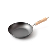 A product image of the River Light Kiwame 28cm Carbon Steel Frypan, showing its classic shape and branded natural wood handle.

