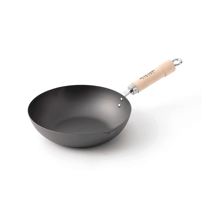 A product image of the River Light Kiwame 28cm Carbon Steel Wok, showing its classic shape, pouring rim, and branded natural wood handle.

