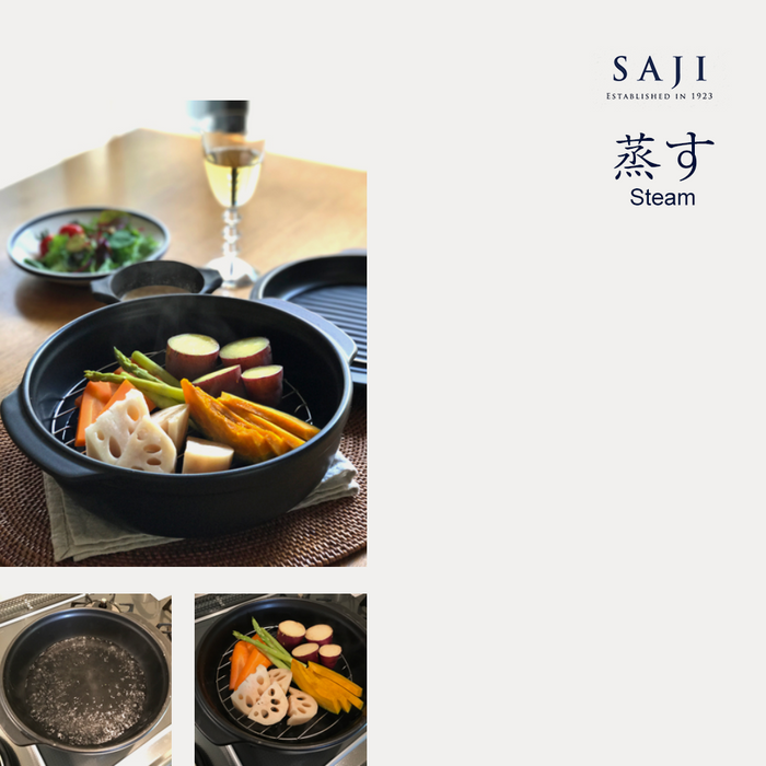 Saji 3 in1 Donabe Japanese Clay Pot 25cm (Size 9) with Steamer & Grill Lines: steaming ideas

