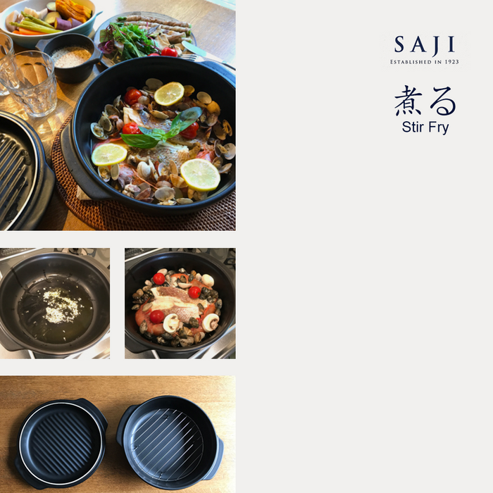 Saji 3 in1 Donabe Japanese Clay Pot 25cm (Size 9) with Steamer & Grill Lines: stir-frying ideas
