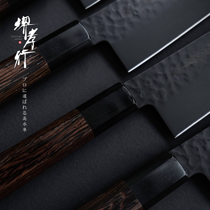 Sakai Takayuki Hammered VG10 KUROKAGE Japanese Santoku Knife 170mm: The handles are made of Octagonal Wenge Wood and buffalo horn ferrule.