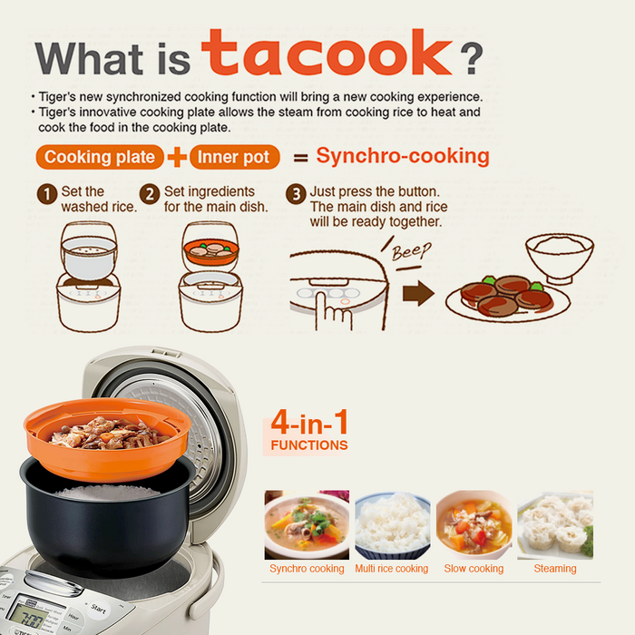 Tiger 4-in-1 Multifunctional Rice Cooker 5.5 Cups JAX-S10A: Tacook synchro-cooking function