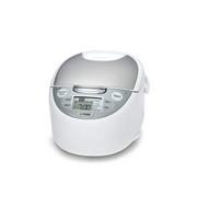 Tiger 4-in-1 Synchro-Cooking rice cooker 5.5-cup (JAX-S10A) in a white and silver finish, shown on a clean white background.
