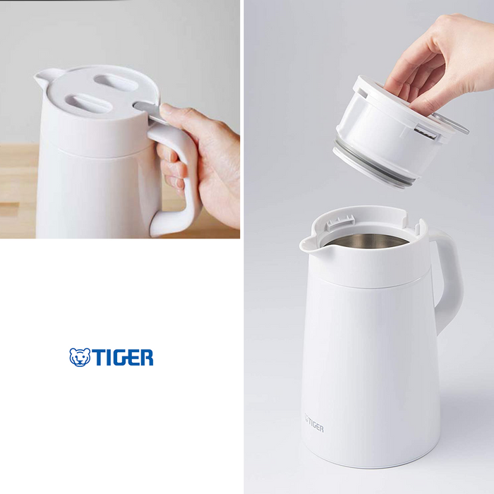 Tiger PWO-A200W Stainless Steel Handy Jug 2L White: Handle and lid in use
