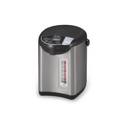Tiger 4L electric water boiler and warmer (PDU-A40A) in a stainless steel and black finish, shown on a clean white background.
