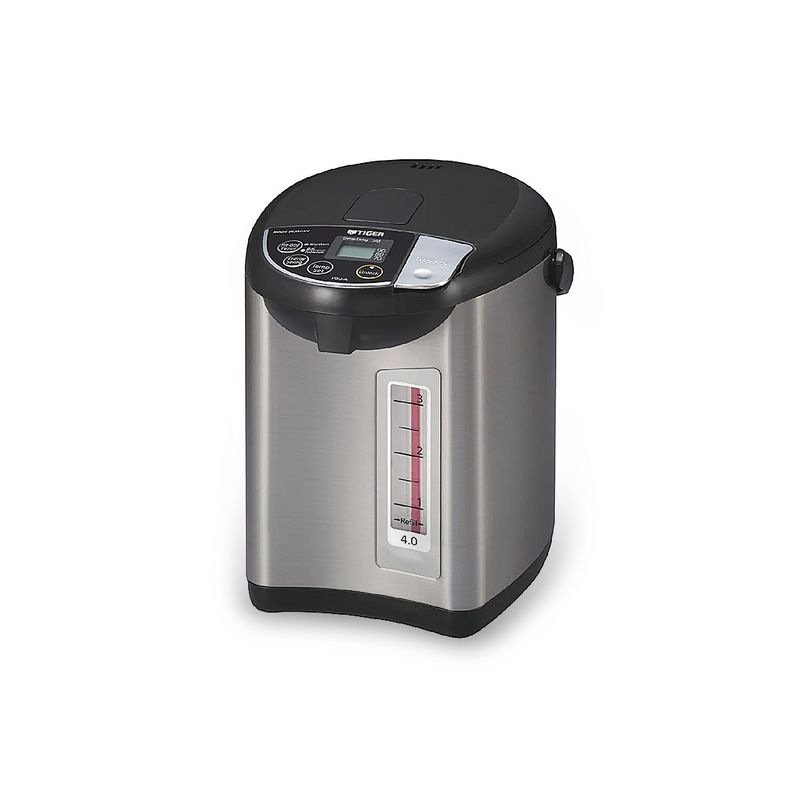 Tiger 4L electric water boiler and warmer (PDU-A40A) in a stainless steel and black finish, shown on a clean white background.
