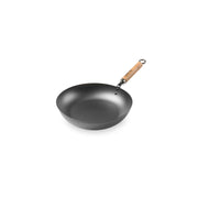 A product image of the Yoshikawa Cook-Pal Ren 24cm Carbon Steel Wok, showing its classic shape and branded natural wood handle on a white background.

