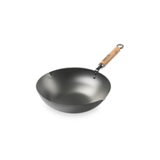 A product image of the Yoshikawa Cook-Pal Ren 26cm Carbon Steel Wok, showing its classic shape, pouring rim, and branded natural wood handle.

