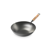 A product image of the Yoshikawa Cook-Pal Ren 28cm Carbon Steel Wok, showing its classic shape, pouring rim, and branded natural wood handle.

