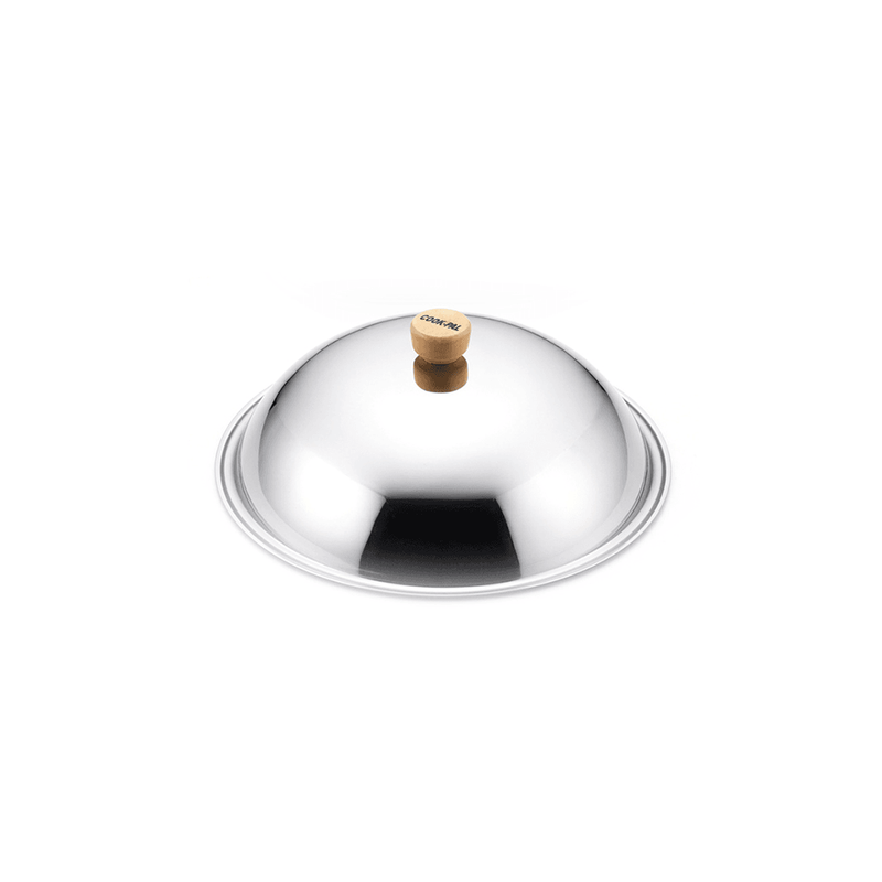 The Yoshikawa COOK-PAL 28cm stainless steel lid, featuring a natural wood knob in the center, shown against a plain background.
