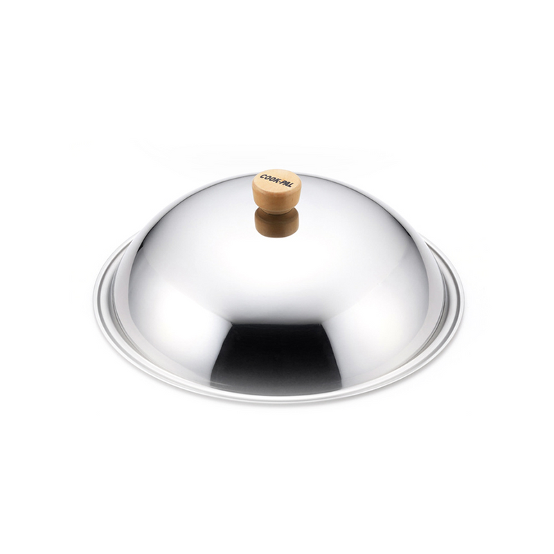 The Yoshikawa COOK-PAL 33cm stainless steel lid, featuring a black resin knob in the center, shown against a plain background.
