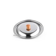 A product image of the Yoshikawa stainless steel lid for Yukihira saucepans, showing its hammered finish, dual-fit rim, and wooden knob.

