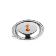 A product image of the Yoshikawa stainless steel lid for 18cm and 20cm Yukihira saucepans, showing its hammered finish and wooden knob.

