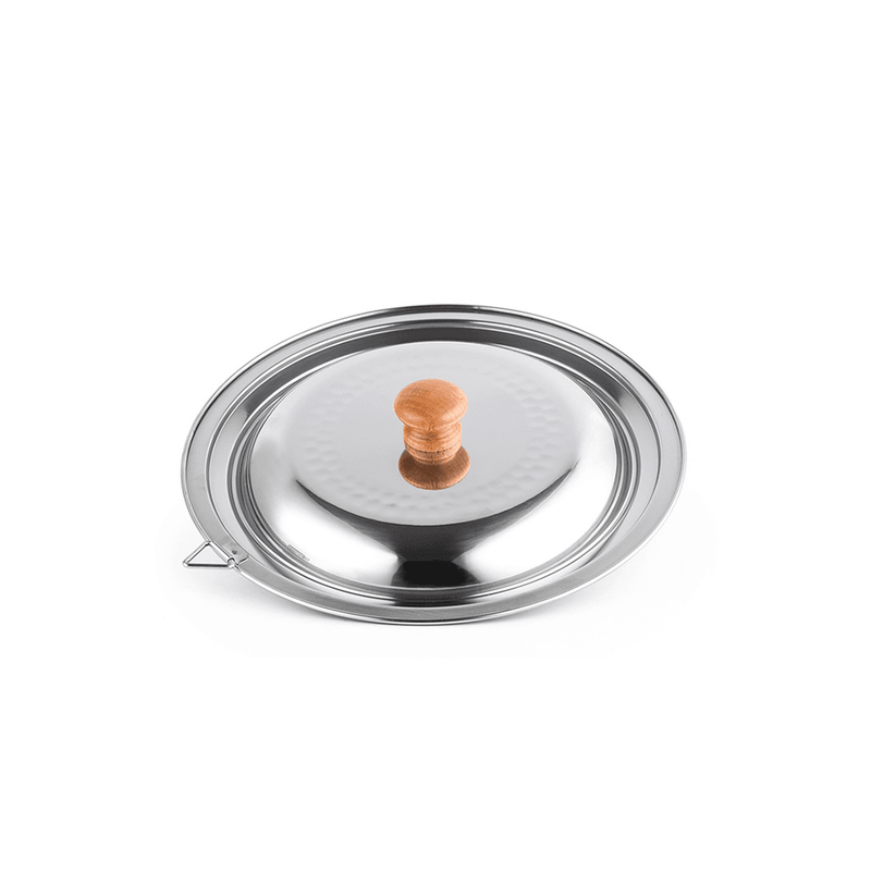 A product image of the Yoshikawa stainless steel lid for 18cm and 20cm Yukihira saucepans, showing its hammered finish and wooden knob.

