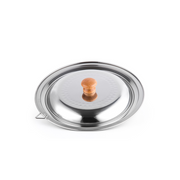 A product image of the Yoshikawa stainless steel lid for 20cm and 22cm Yukihira saucepans, showing its hammered finish and wooden knob.

