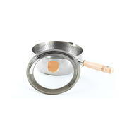 A product image of the Yoshikawa Yukihira 20cm saucepan shown with the optional Aiko glass lid.

