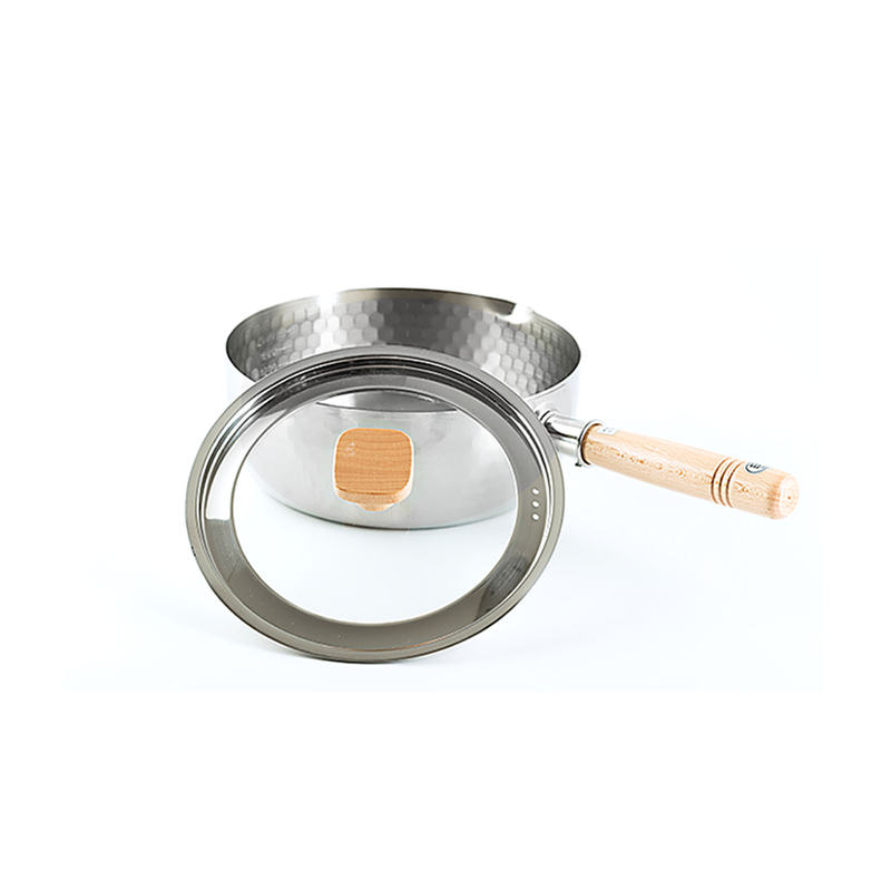 A product image of the Yoshikawa Yukihira 20cm saucepan shown with the optional Aiko glass lid.

