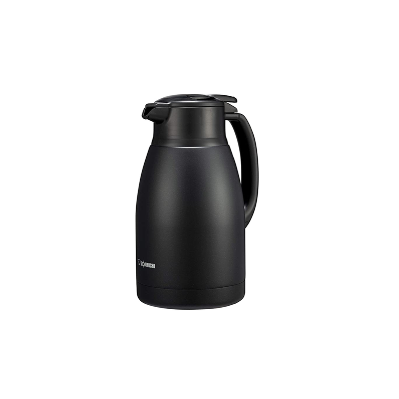 A studio photo of the Zojirushi SH-HB15 stainless steel carafe in matte black, shown from a three-quarter angle highlighting its pour spout and handle.
