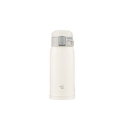 A studio photo of the Zojirushi SM-SF36 TUFF vacuum insulated flask in pale white, shown from the front highlighting its one-touch release lid and locking switch.