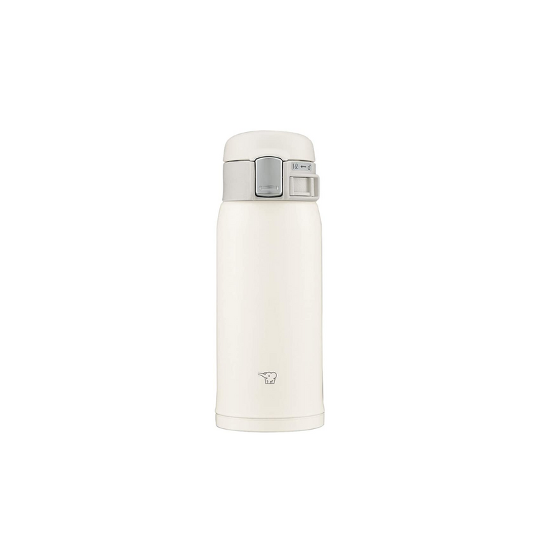 A studio photo of the Zojirushi SM-SF36 TUFF vacuum insulated flask in pale white, shown from the front highlighting its one-touch release lid and locking switch.