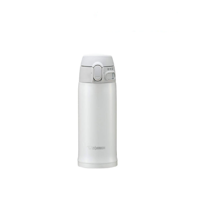 A studio photo of the Zojirushi SM-TA36 TUFF vacuum insulated flask in white, shown from the front highlighting its one-touch release lid and locking switch.