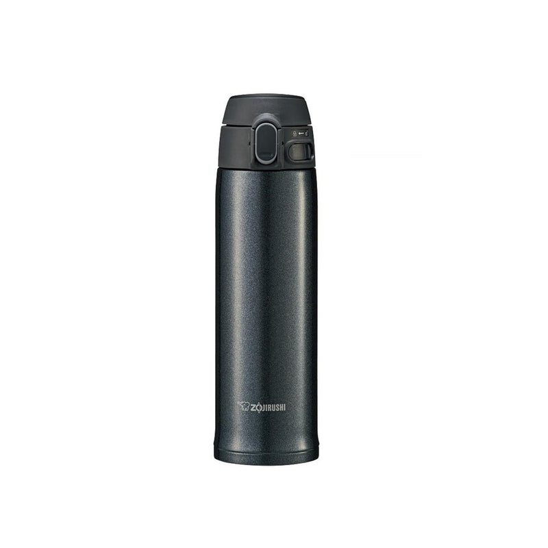 A studio photo of the Zojirushi SM-TA48 TUFF vacuum insulated flask in black, shown from the front highlighting its one-touch release lid and locking switch.