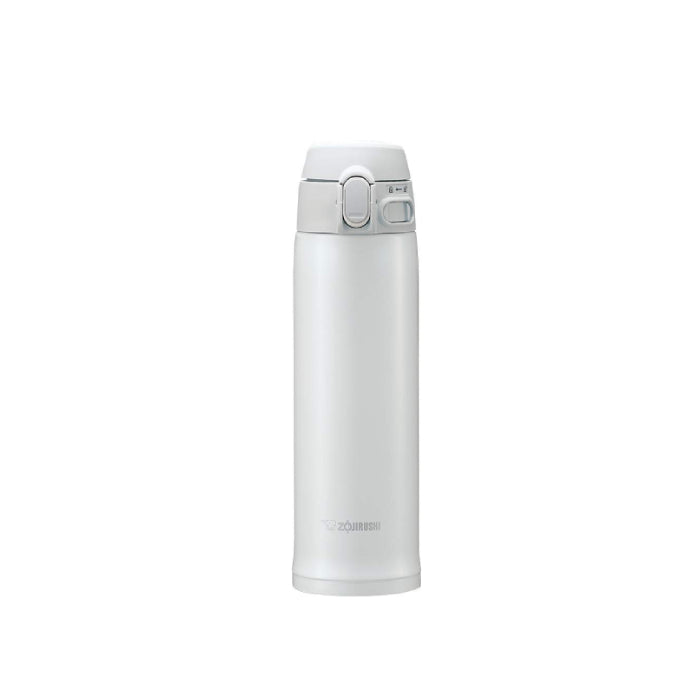 A studio photo of the Zojirushi SM-TA48 TUFF vacuum insulated flask in white, shown from the front highlighting its one-touch release lid and locking switch.