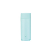 A studio photo of the Zojirushi SM-ZA36 TUFF vacuum insulated flask in mint blue, shown from the front highlighting its minimalist design and seamless screw-top lid.